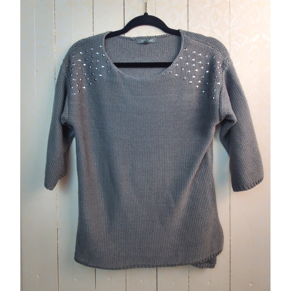 NY Collection Gray Studded Shoulder Scoop Neck Knit Sweater X89U0341 Small